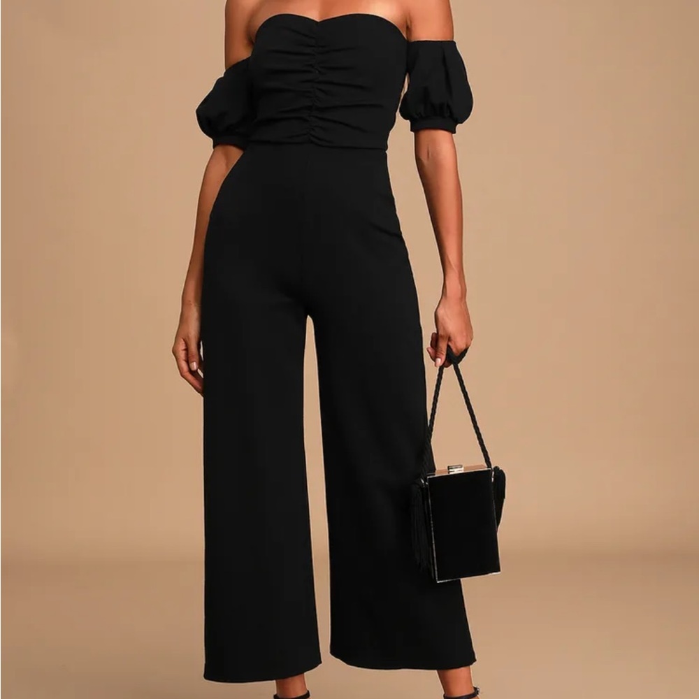 Lulus (NWT) Impress Release Black Off-the-Shoulder Puff Sleeve Jumpsuit
